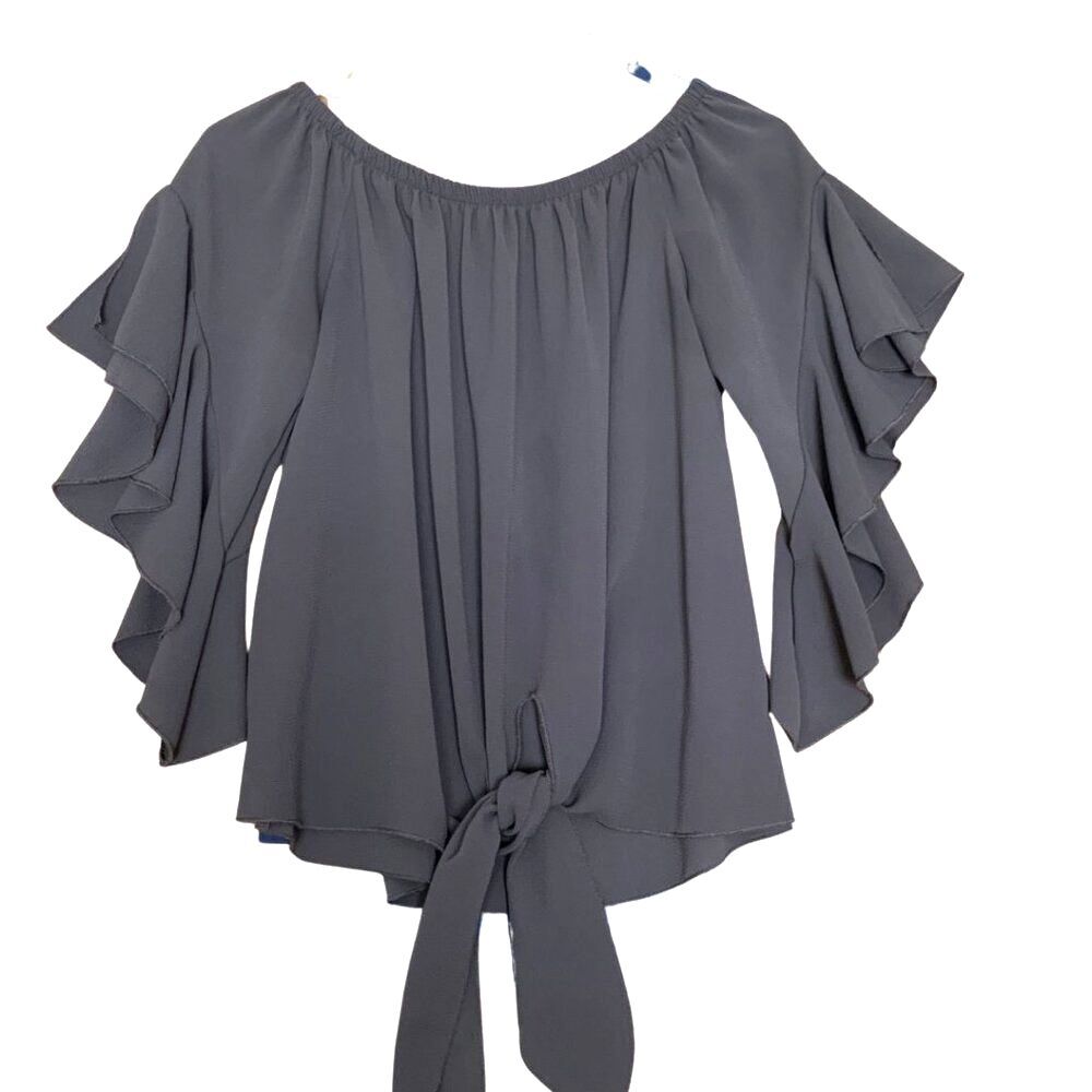 Tyche Women’s Gray Ruffle Sleeve Off Shoulder Tie Front Top Size S Made in USA